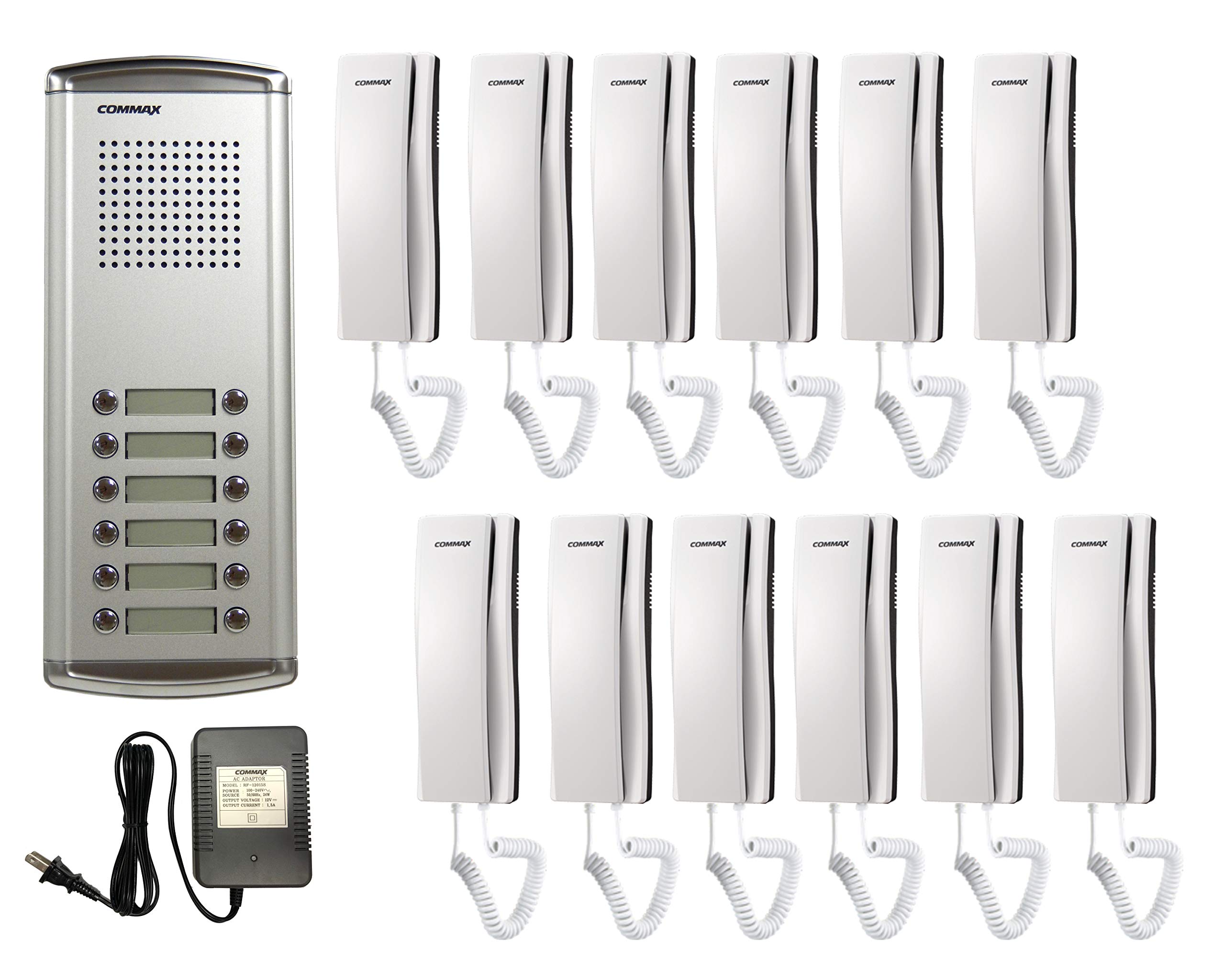 Commax 12-Apartment Building Audio Intercom Set: 12-Button Lobby Unit, 12 room units DP-SS and Power Supply
