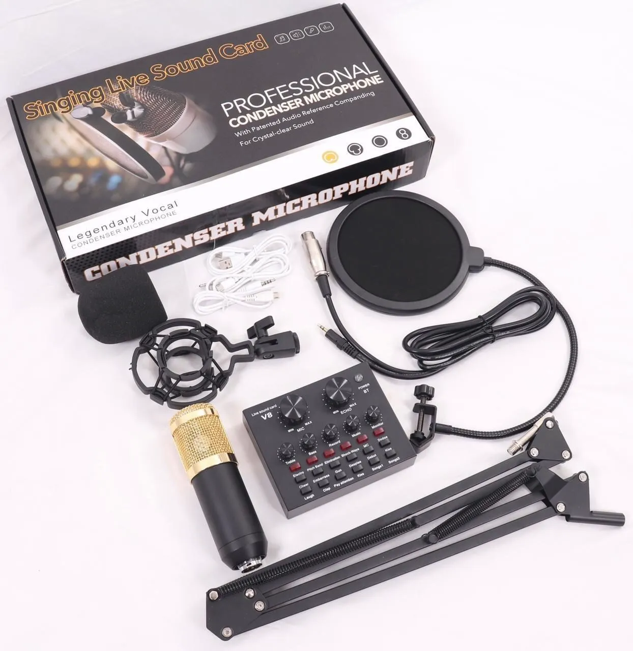 Studio Condenser Microphone Bundle V8 Sound Card For Live Streaming Podcasting