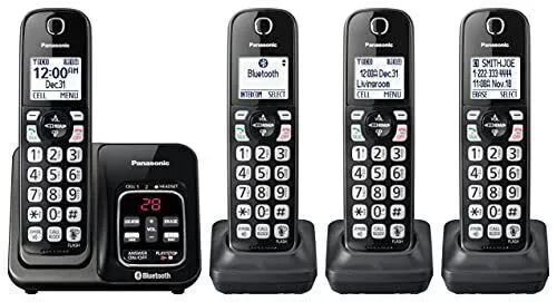 Panasonic Cordless Phone System with Answering Machine, One-Touch Call Block, Enhanced Noise Reduction, Talking Caller ID and Intercom Voice Paging - 4 Handsets - KX-TGF544B (Black)