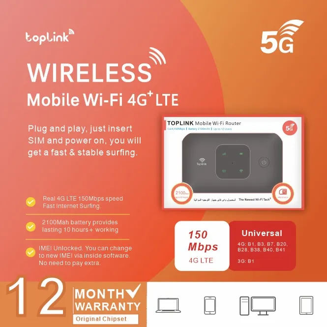 TOPLINK Mobile Wi-Fi Router Catt,is0 aps / Banwy2200mAh1 5ptos2uers 5G